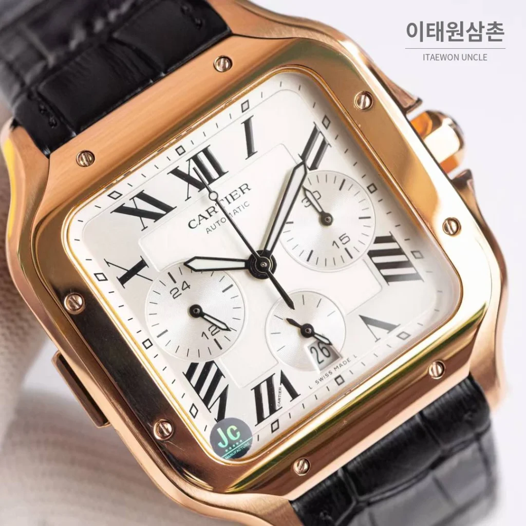까르띠에 산토스 드 까르띠에 크로노그래프 블랙다이얼 오토매틱 51mm 블랙 가죽 스트랩 로즈골드 베젤