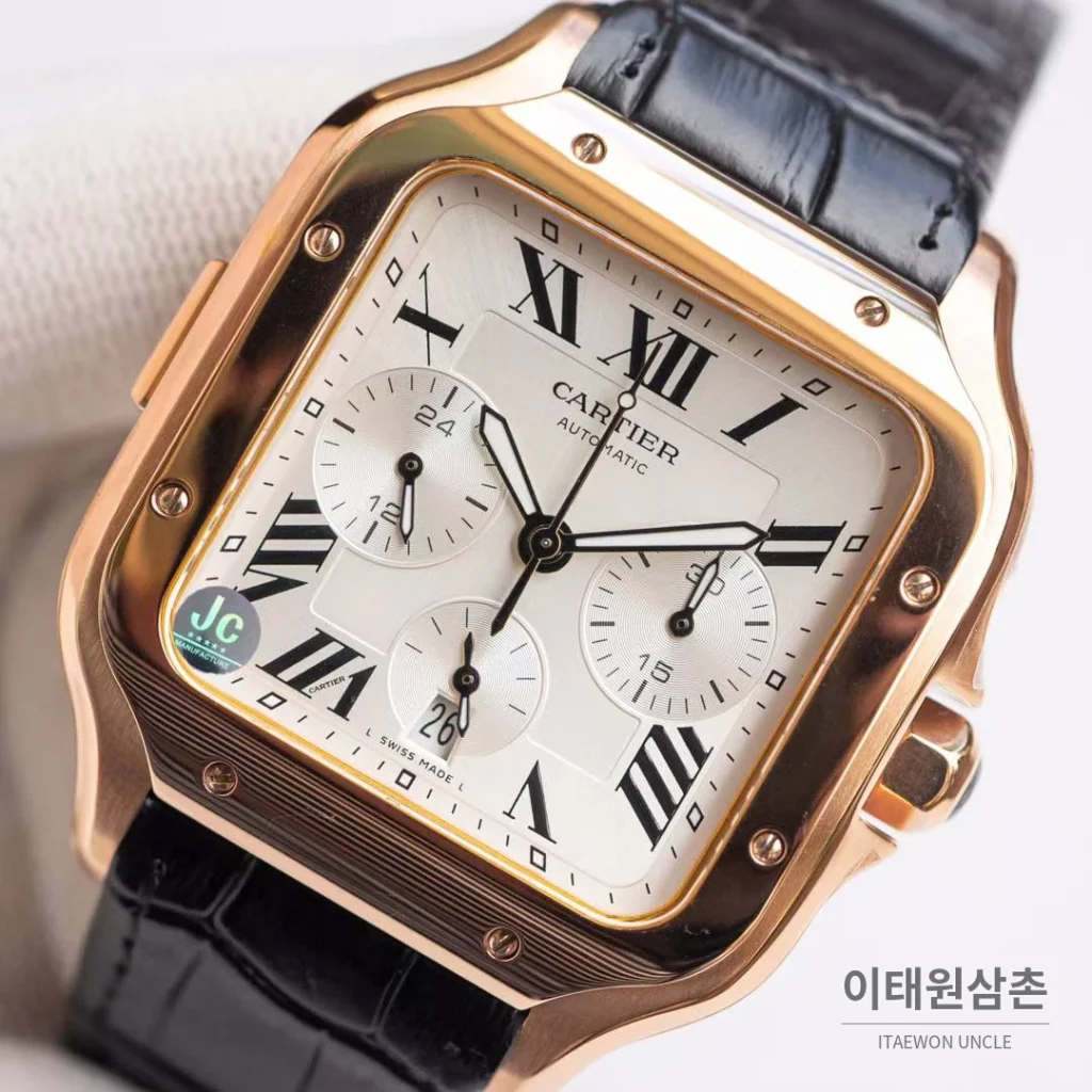 까르띠에 산토스 드 까르띠에 크로노그래프 블랙다이얼 오토매틱 51mm 블랙 가죽 스트랩 로즈골드 베젤
