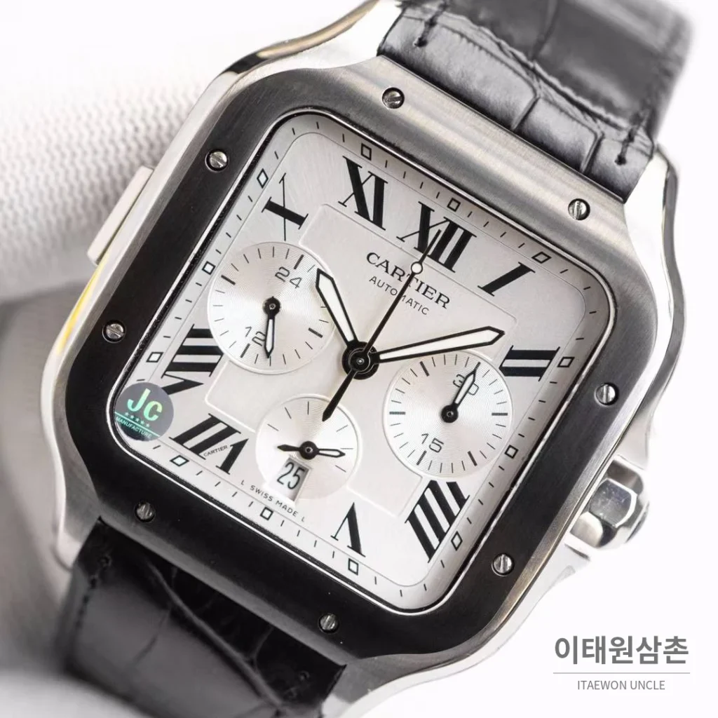 까르띠에 산토스 드 까르띠에 크로노그래프 블랙다이얼 오토매틱 51mm 블랙 가죽 스트랩 블랙 베젤