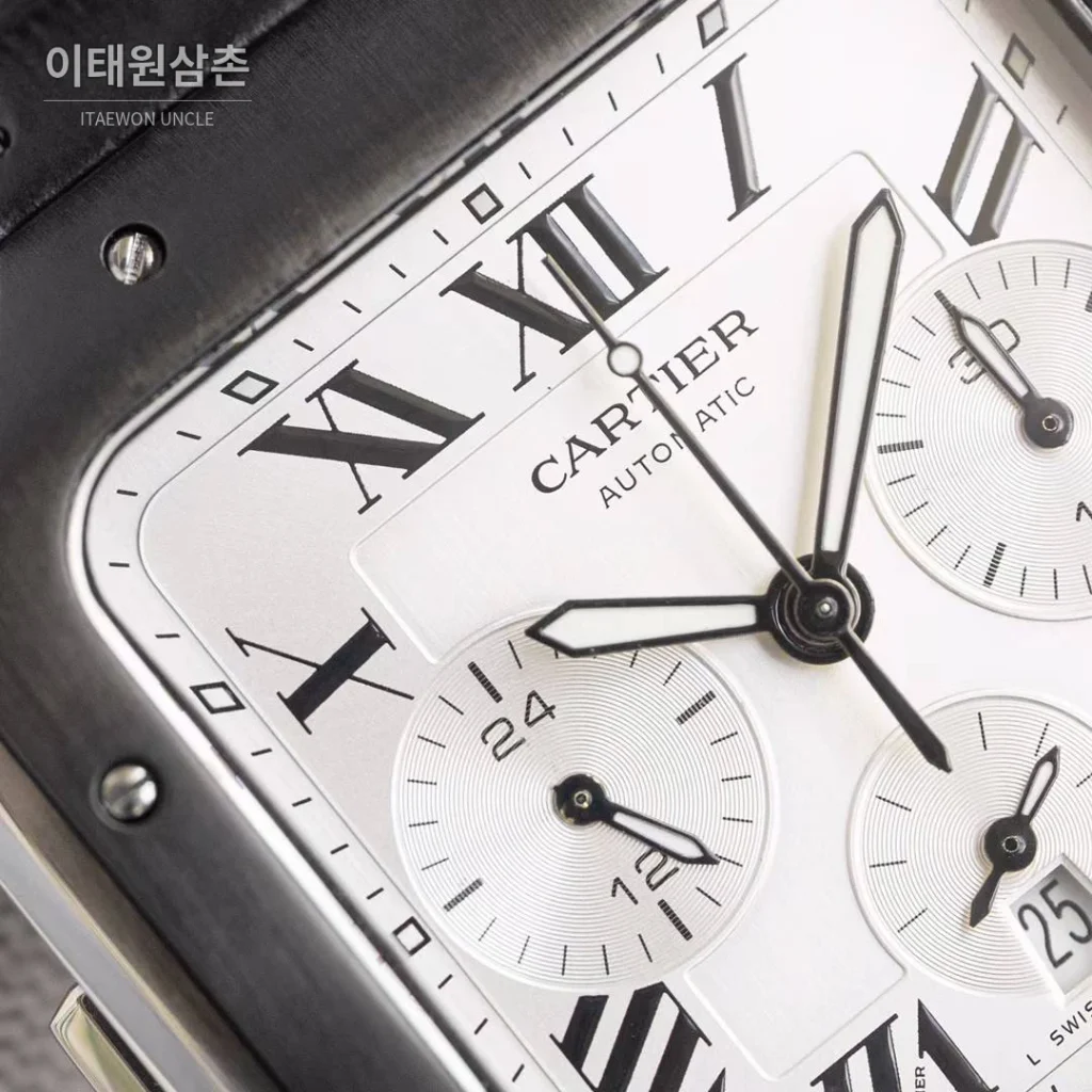 까르띠에 산토스 드 까르띠에 크로노그래프 블랙다이얼 오토매틱 51mm 블랙 가죽 스트랩 블랙 베젤