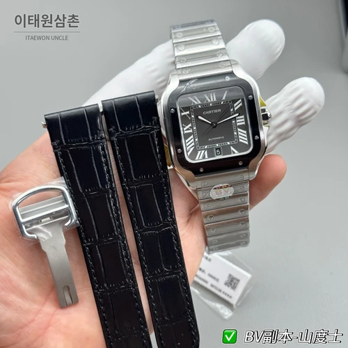 까르띠에 산토스 드 까르띠에 스틸 블랙 베젤 차콜 그레이 다이얼 오토매틱 39.8mm