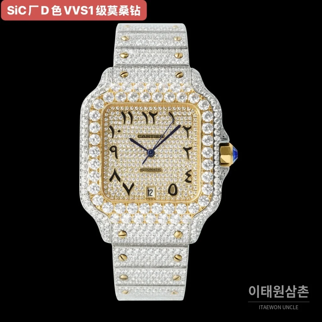 까르띠에 산토스 쿼츠 샴페인 다이얼 스틸 브레이슬릿 실버 베젤