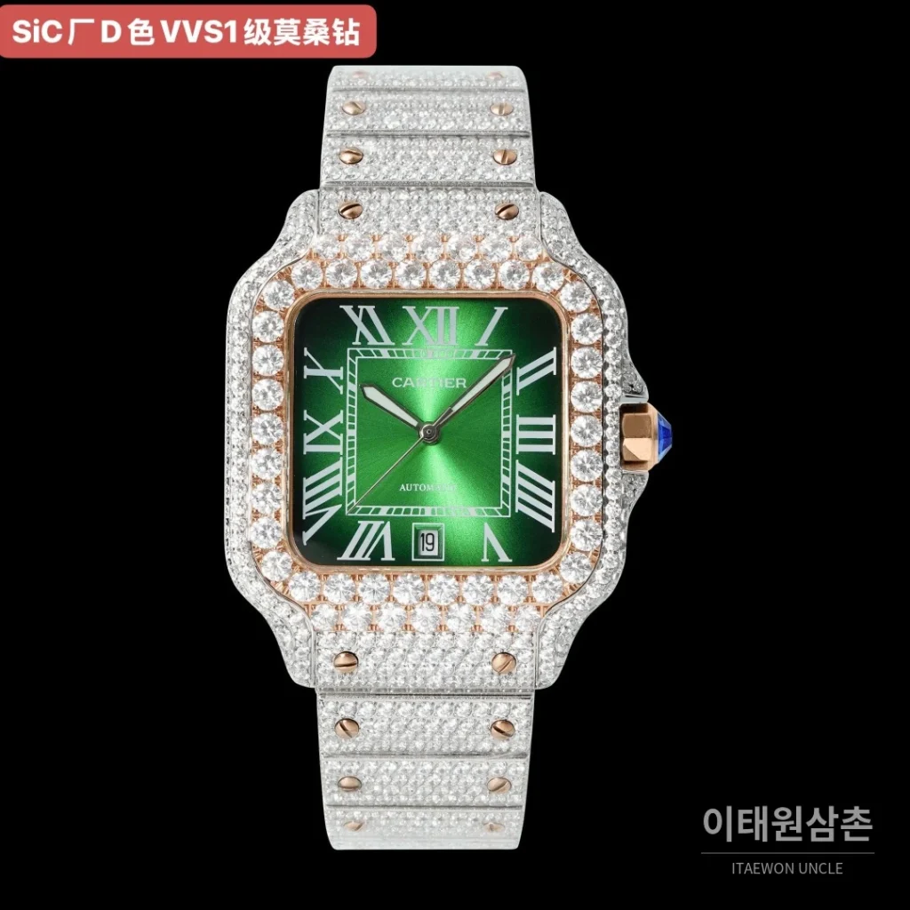 까르띠에 산토스 쿼츠 그린 다이얼 스틸 브레이슬릿 로즈골드 베젤