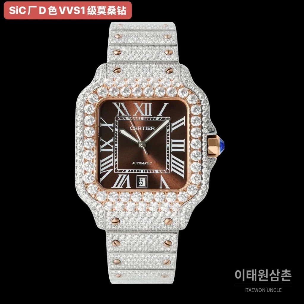 까르띠에 산토스 쿼츠 브라운 다이얼 스틸 브레이슬릿 로즈골드 베젤