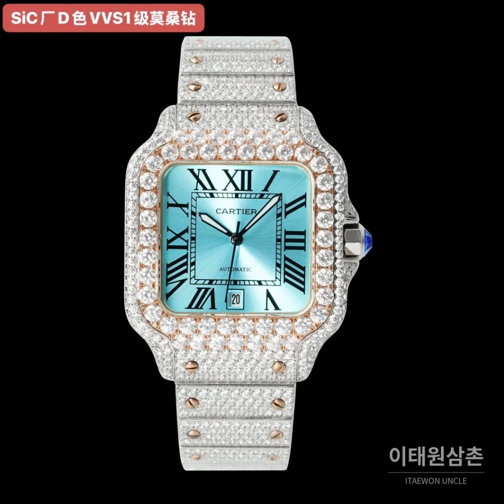 까르띠에 산토스 쿼츠 아이스블루 다이얼 스틸 브레이슬릿 로즈골드 베젤