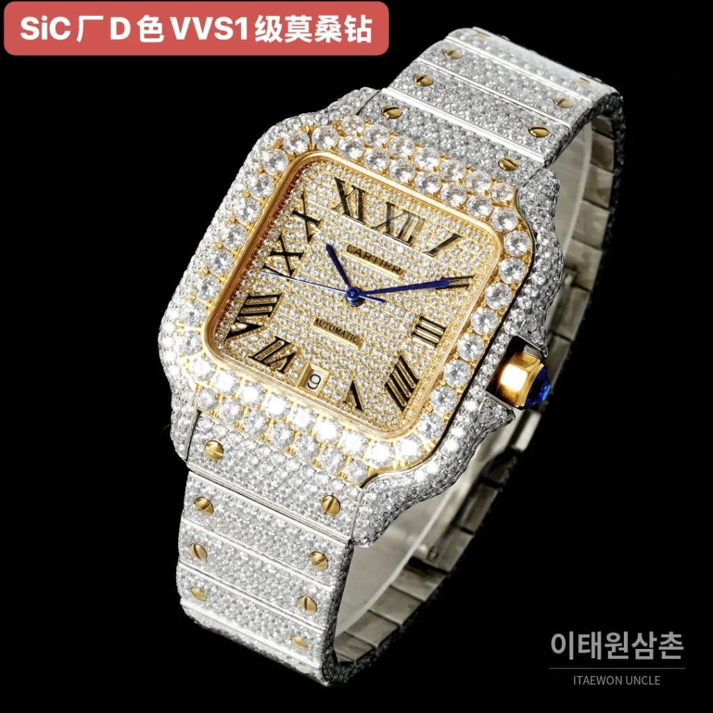 까르띠에 산토스 쿼츠 샴페인 다이얼 스틸 브레이슬릿 골드 베젤