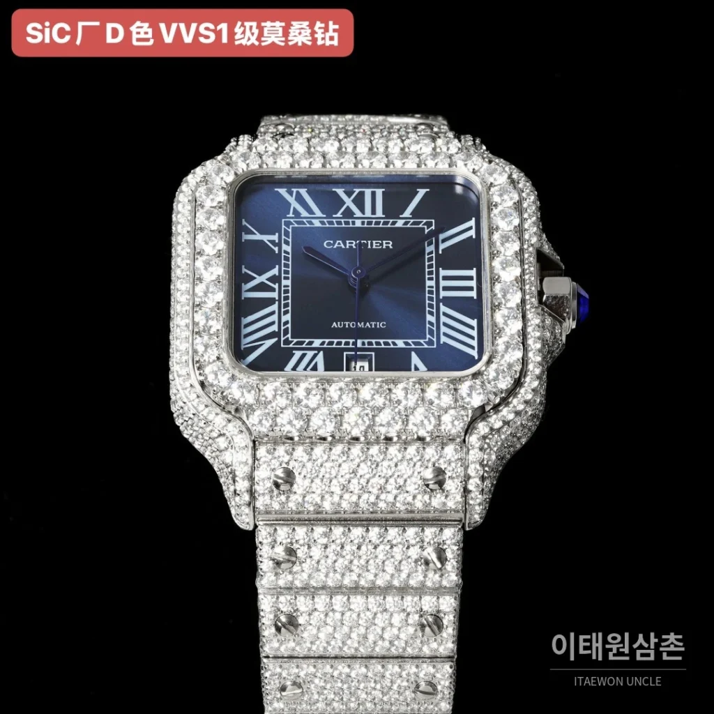 까르띠에 산토스 쿼츠 네이비 다이얼 스틸 브레이슬릿