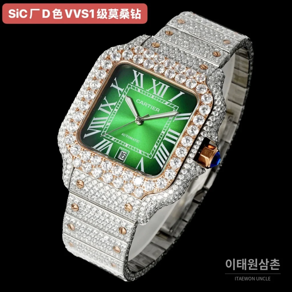 까르띠에 산토스 쿼츠 그린 다이얼 스틸 브레이슬릿 로즈골드 베젤