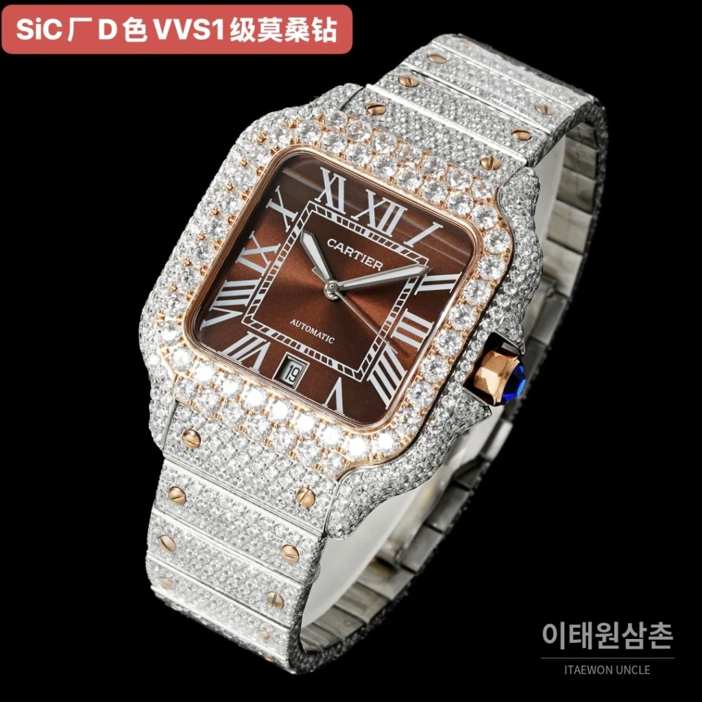 까르띠에 산토스 쿼츠 브라운 다이얼 스틸 브레이슬릿 로즈골드 베젤