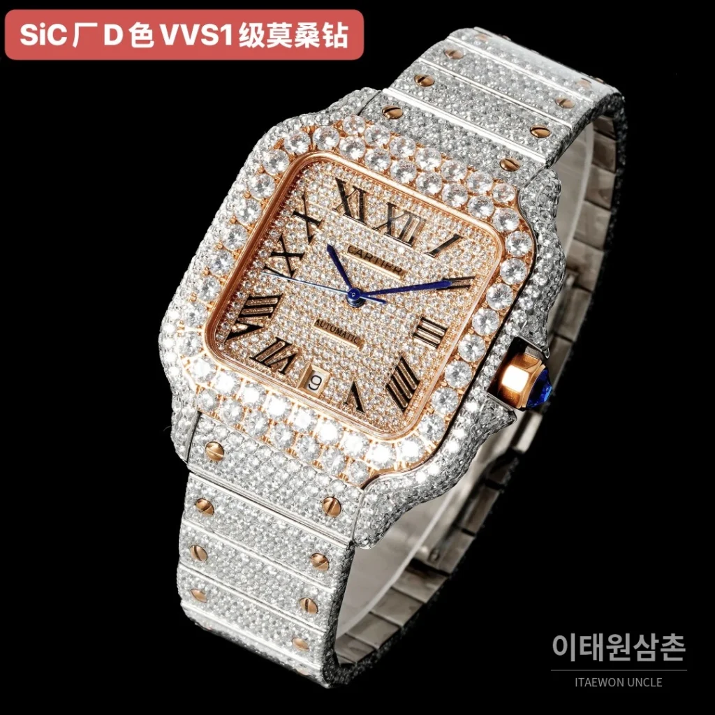 까르띠에 산토스 쿼츠 샴페인 다이얼 스틸 브레이슬릿 로즈골드 베젤