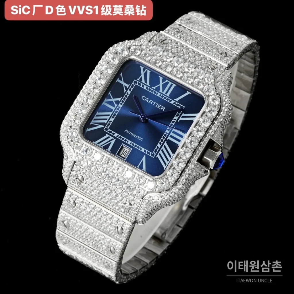 까르띠에 산토스 쿼츠 네이비 다이얼 스틸 브레이슬릿