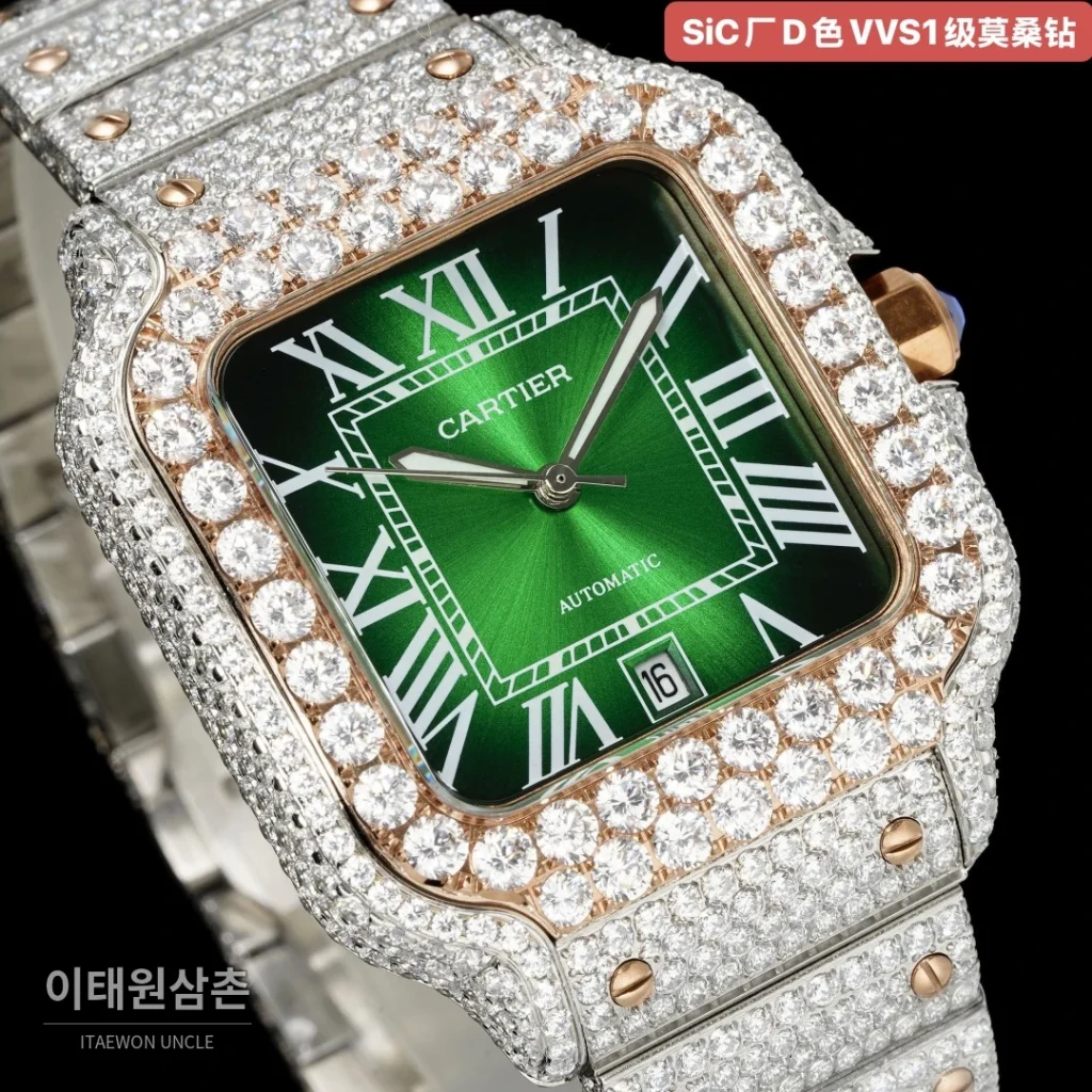 까르띠에 산토스 쿼츠 그린 다이얼 스틸 브레이슬릿 로즈골드 베젤