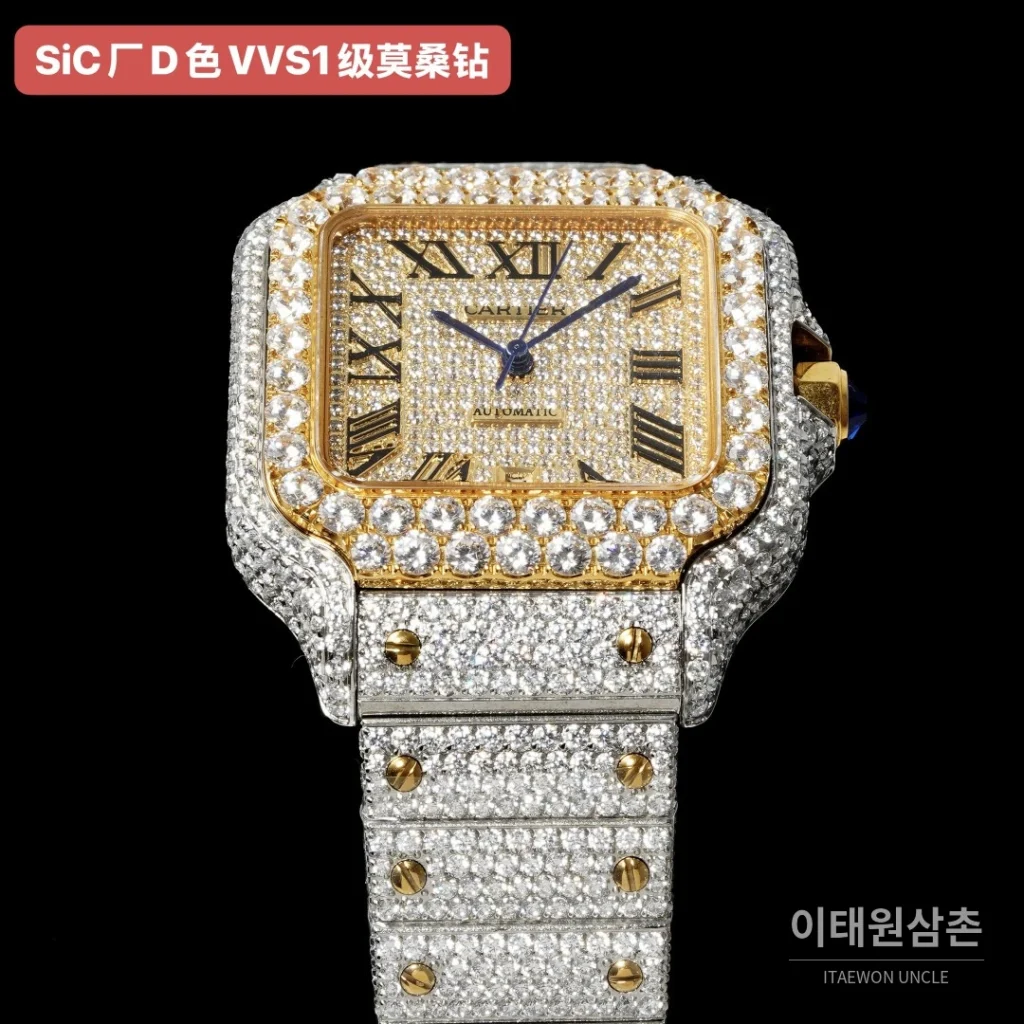 까르띠에 산토스 쿼츠 샴페인 다이얼 스틸 브레이슬릿 골드 베젤