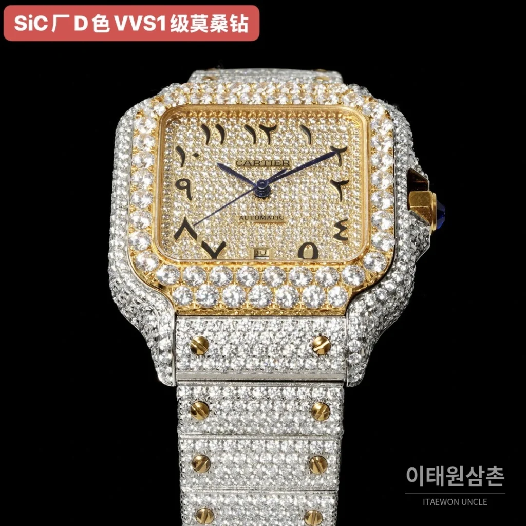 까르띠에 산토스 쿼츠 샴페인 다이얼 스틸 브레이슬릿 실버 베젤