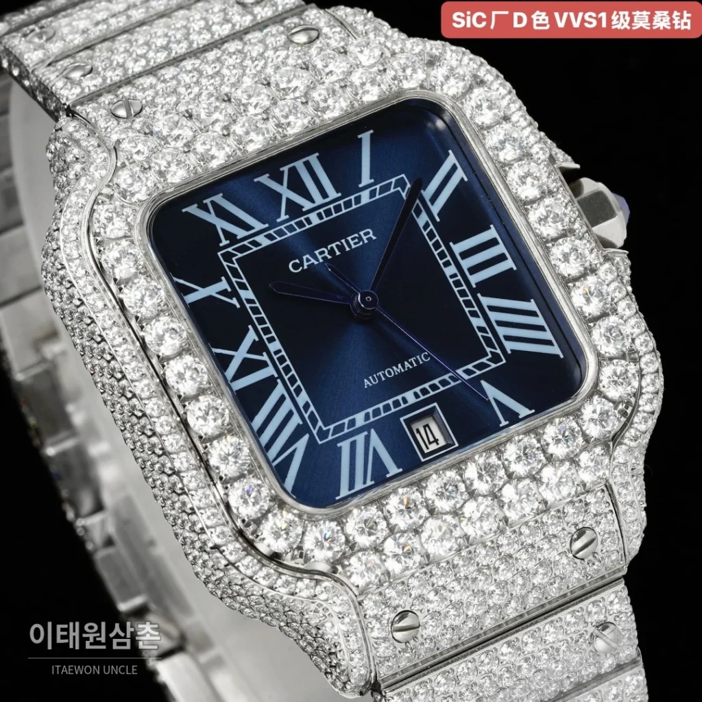 까르띠에 산토스 쿼츠 네이비 다이얼 스틸 브레이슬릿