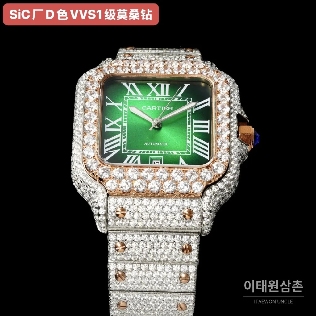 까르띠에 산토스 쿼츠 그린 다이얼 스틸 브레이슬릿 로즈골드 베젤