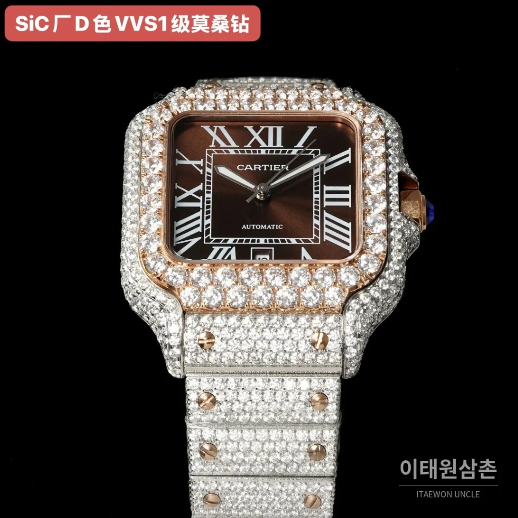 까르띠에 산토스 쿼츠 브라운 다이얼 스틸 브레이슬릿 로즈골드 베젤