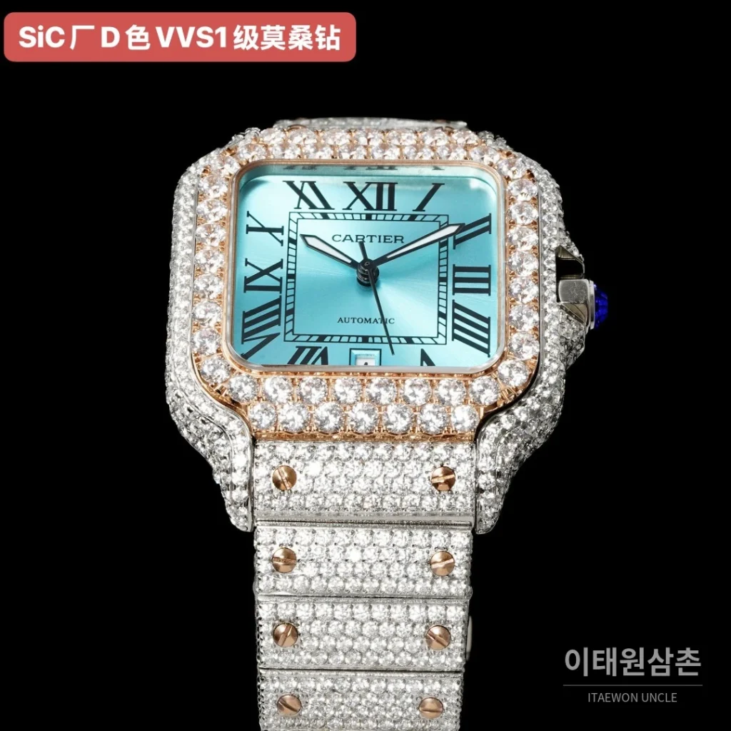 까르띠에 산토스 쿼츠 아이스블루 다이얼 스틸 브레이슬릿 로즈골드 베젤