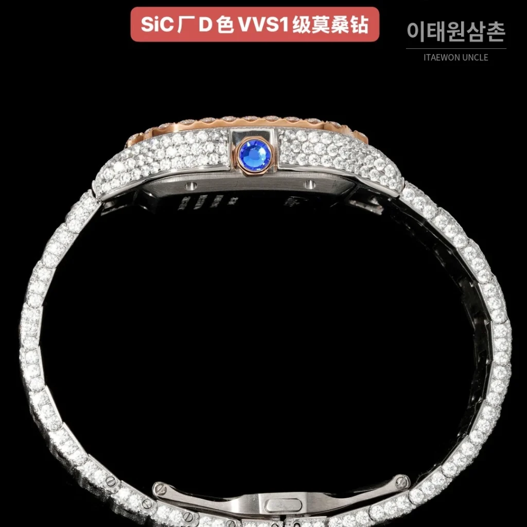 까르띠에 산토스 쿼츠 그린 다이얼 스틸 브레이슬릿 로즈골드 베젤