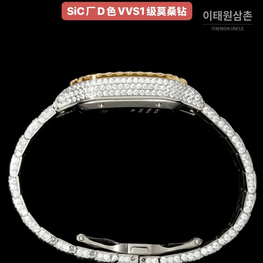 까르띠에 산토스 쿼츠 샴페인 다이얼 스틸 브레이슬릿 골드 베젤