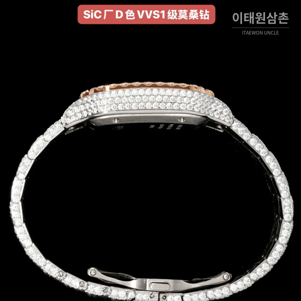 까르띠에 산토스 쿼츠 아이스블루 다이얼 스틸 브레이슬릿 로즈골드 베젤