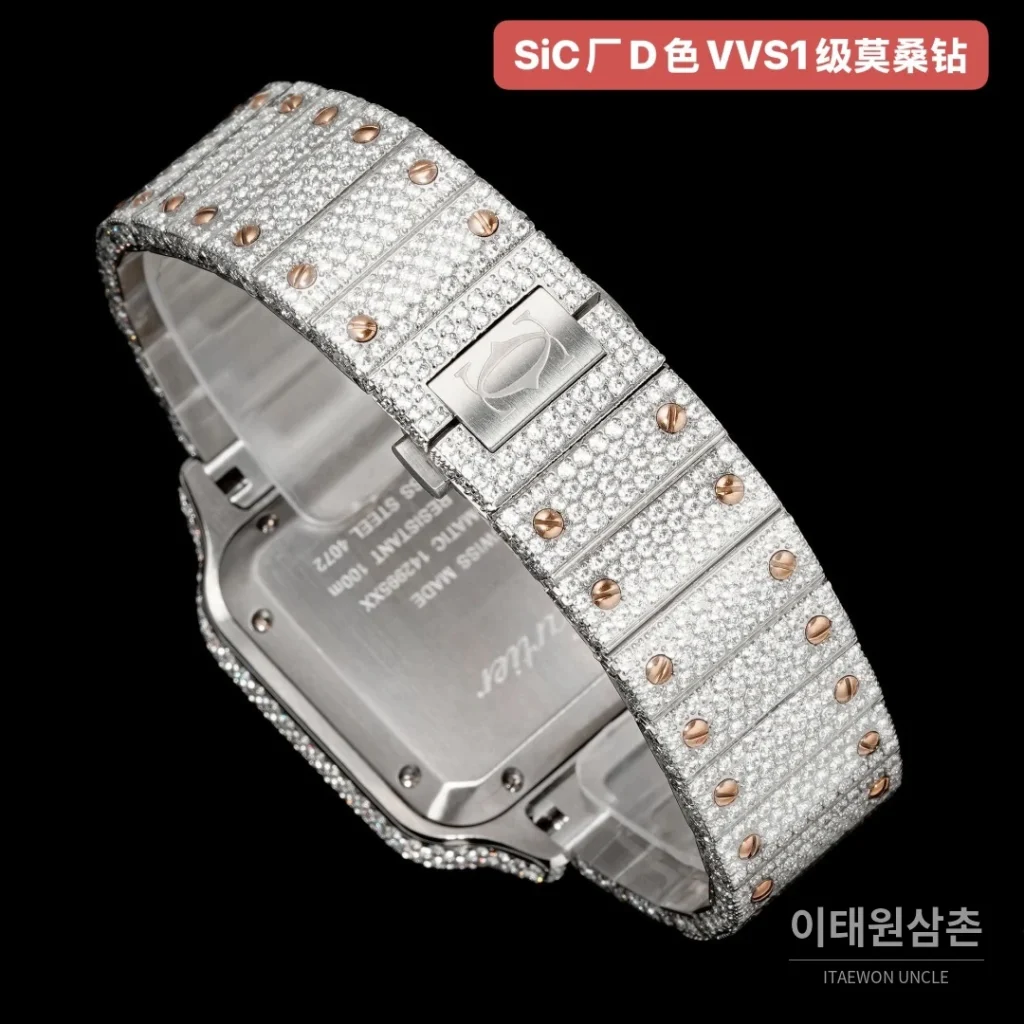 까르띠에 산토스 쿼츠 아이스블루 다이얼 스틸 브레이슬릿 로즈골드 베젤