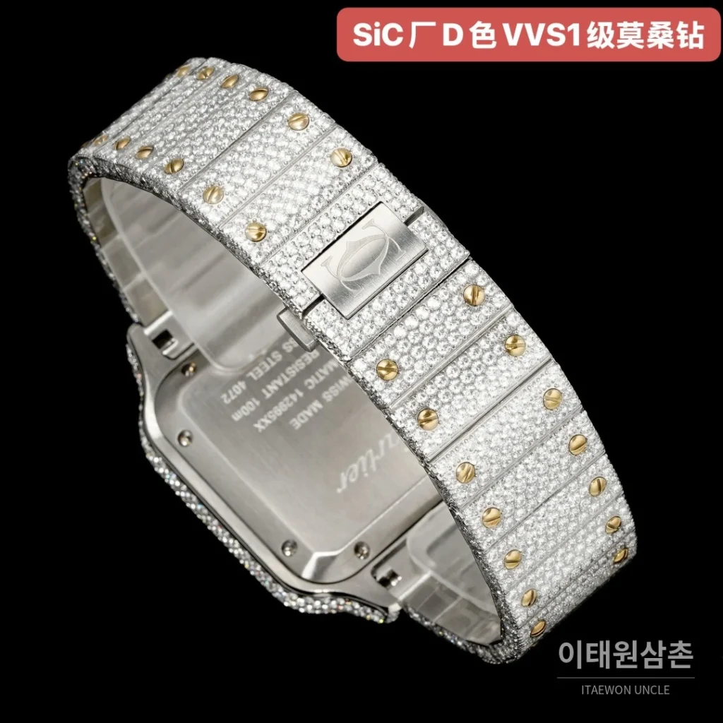 까르띠에 산토스 쿼츠 샴페인 다이얼 스틸 브레이슬릿 골드 베젤