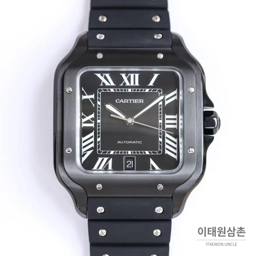 까르띠에 산토스 러버스트랩 오토매틱 워치 39.8mm 실버 블랙 베젤 (2)