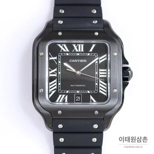 까르띠에 산토스 러버스트랩 오토매틱 워치 39.8mm 실버 블랙 베젤 (2)