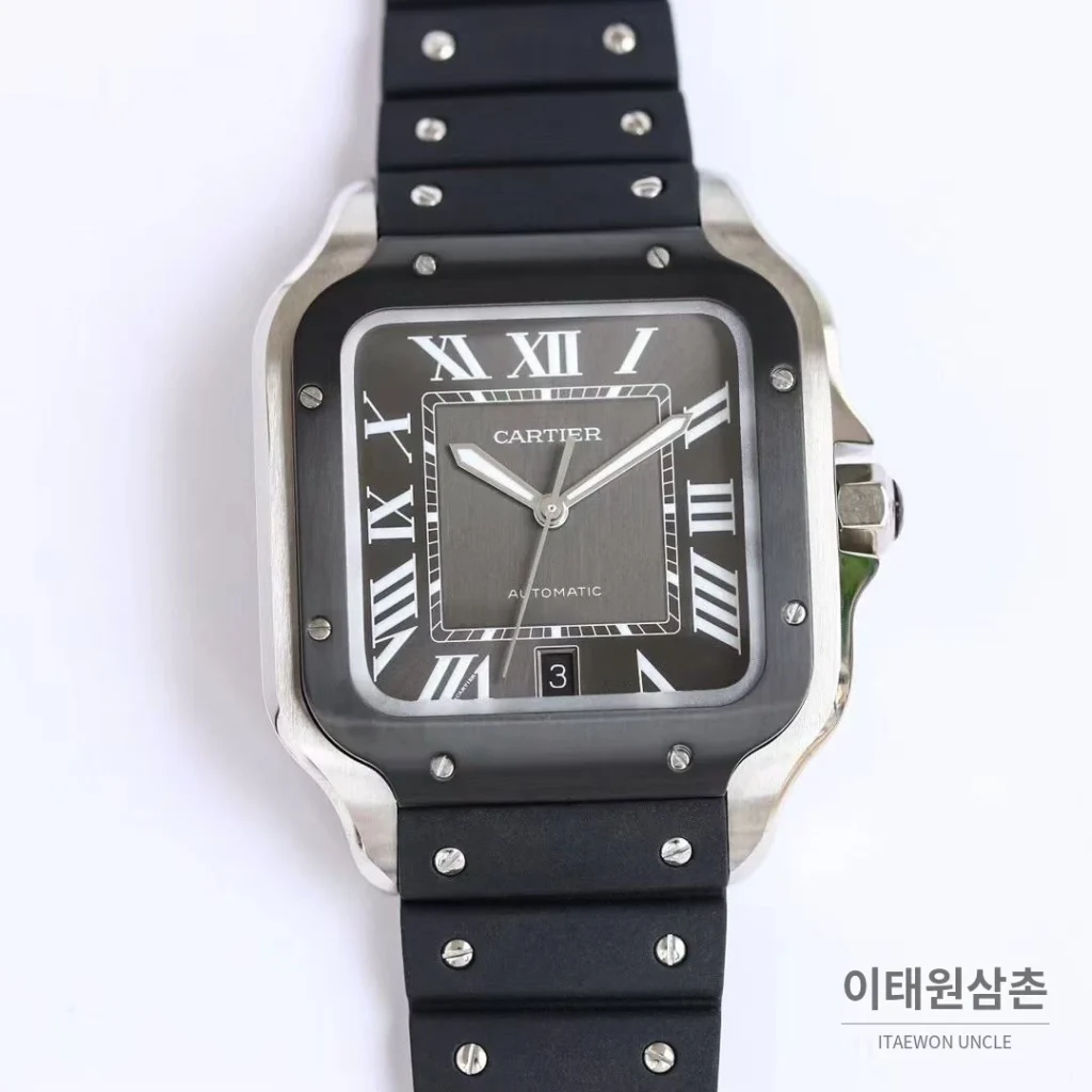 까르띠에 산토스 러버스트랩 오토매틱 워치 39.8mm 실버 블랙 베젤