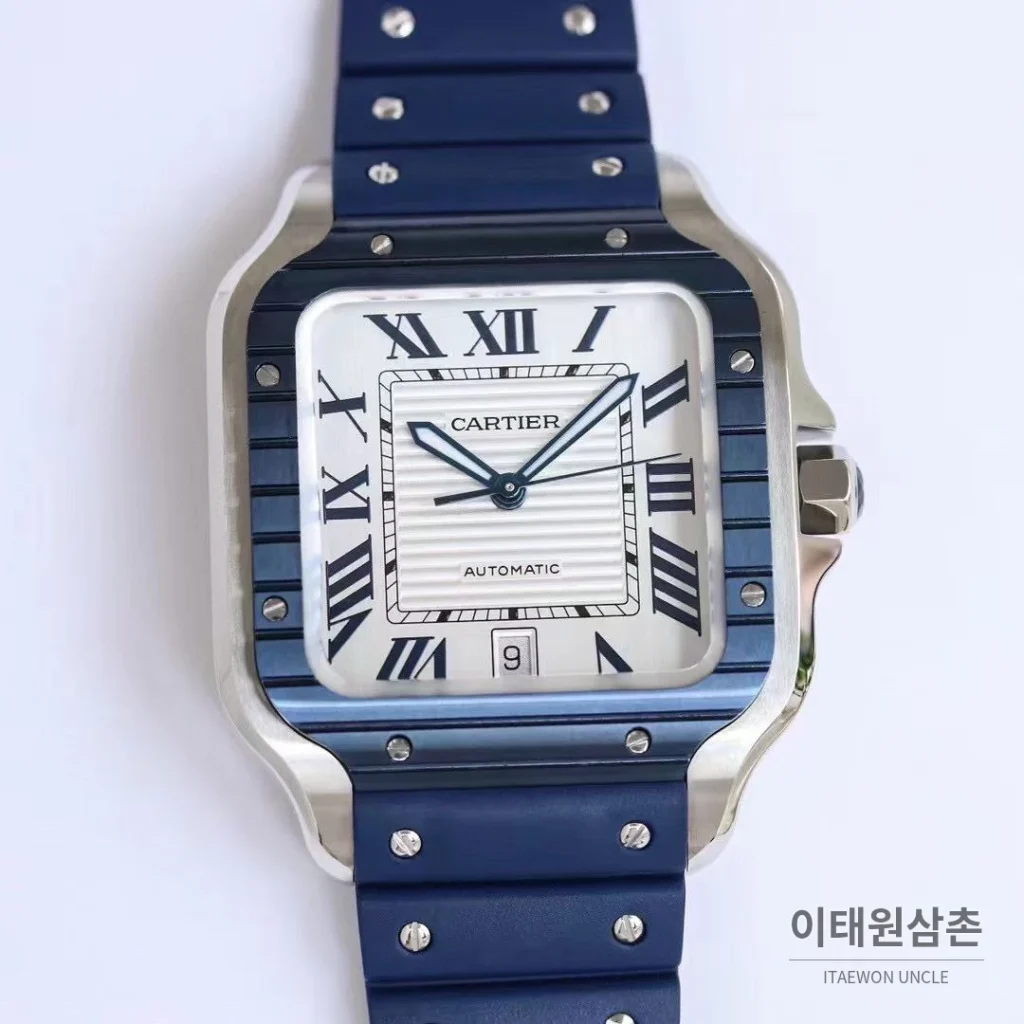 까르띠에 산토스 러버스트랩 오토매틱 워치 39.8mm 실버 네이비 베젤