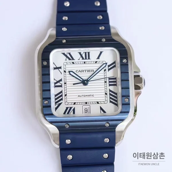 까르띠에 산토스 러버스트랩 오토매틱 워치 39.8mm 실버 네이비 베젤