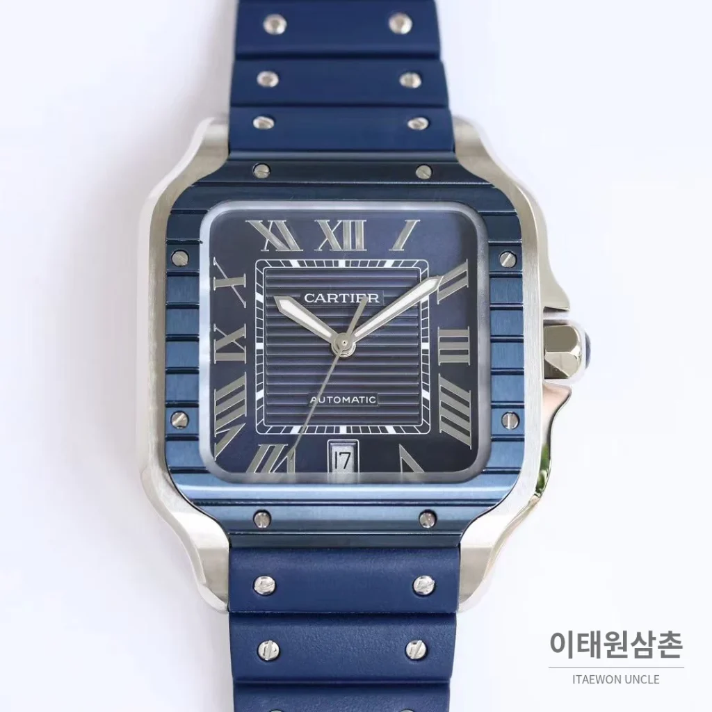 까르띠에 산토스 러버스트랩 오토매틱 워치 39.8mm 실버 실버 베젤