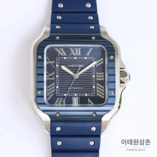 까르띠에 산토스 러버스트랩 오토매틱 워치 39.8mm 실버 실버 베젤
