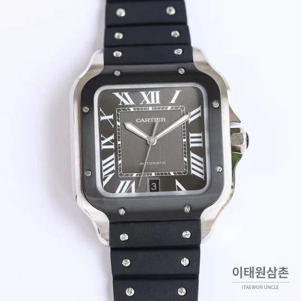 까르띠에 산토스 러버스트랩 오토매틱 워치 39.8mm 실버 블랙 베젤