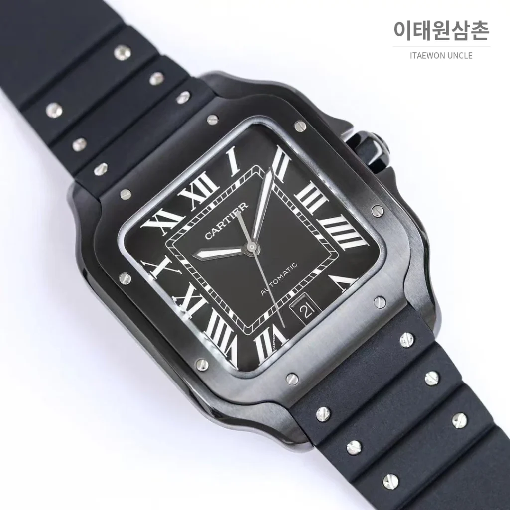 까르띠에 산토스 러버스트랩 오토매틱 워치 39.8mm 실버 블랙 베젤 (2)