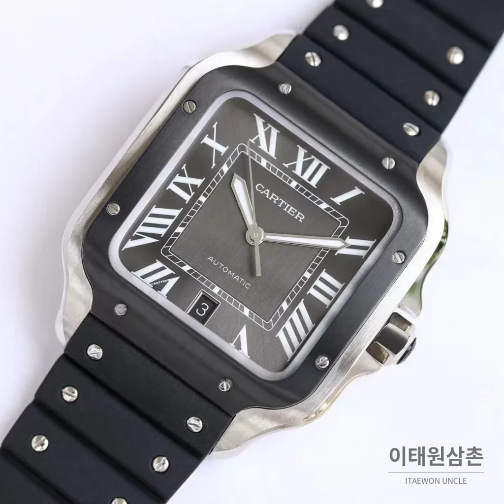 까르띠에 산토스 러버스트랩 오토매틱 워치 39.8mm 실버 블랙 베젤