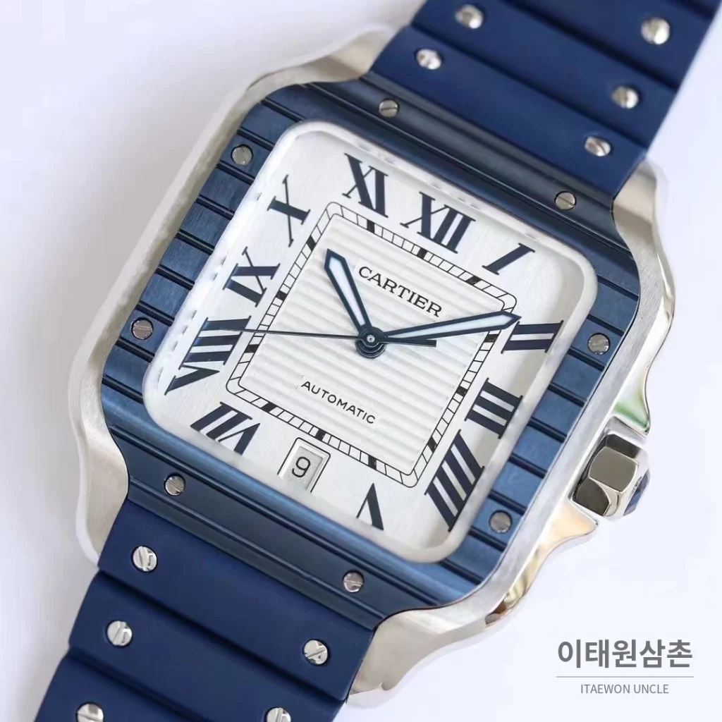까르띠에 산토스 러버스트랩 오토매틱 워치 39.8mm 실버 네이비 베젤