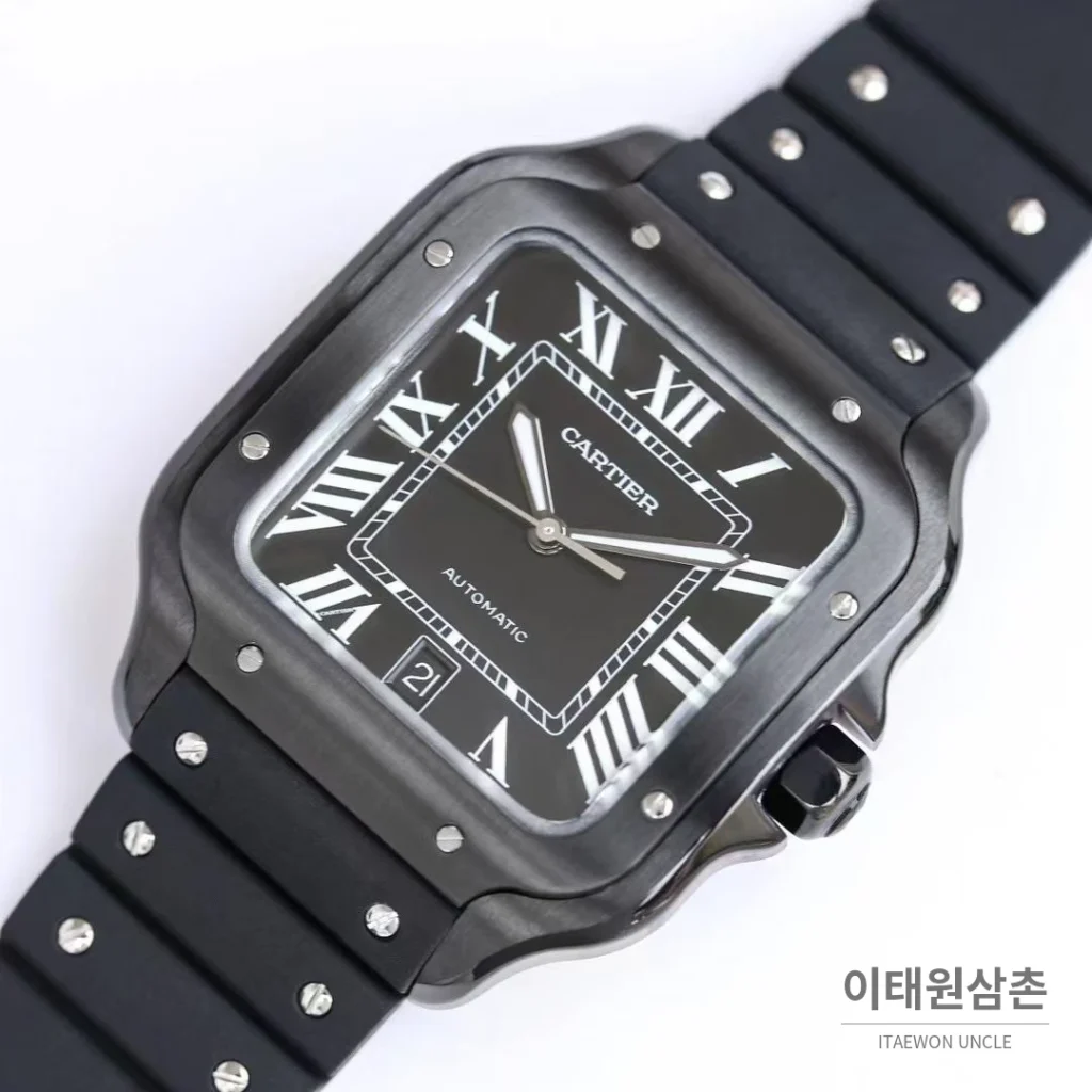 까르띠에 산토스 러버스트랩 오토매틱 워치 39.8mm 실버 블랙 베젤 (2)