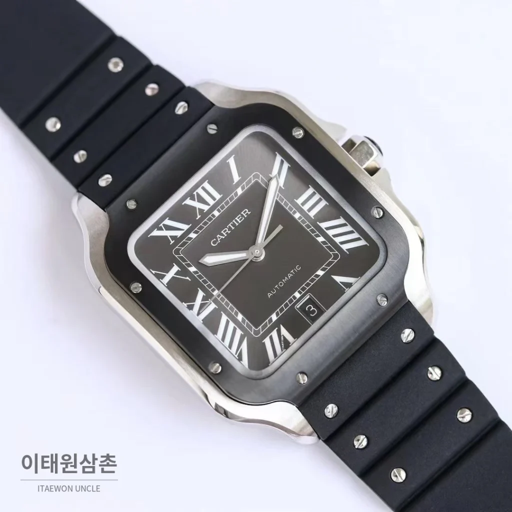 까르띠에 산토스 러버스트랩 오토매틱 워치 39.8mm 실버 블랙 베젤