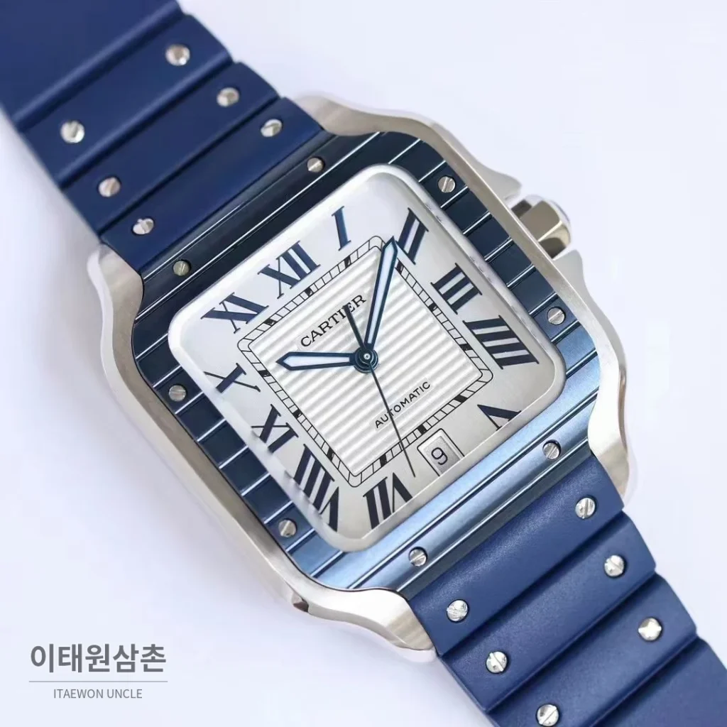 까르띠에 산토스 러버스트랩 오토매틱 워치 39.8mm 실버 네이비 베젤