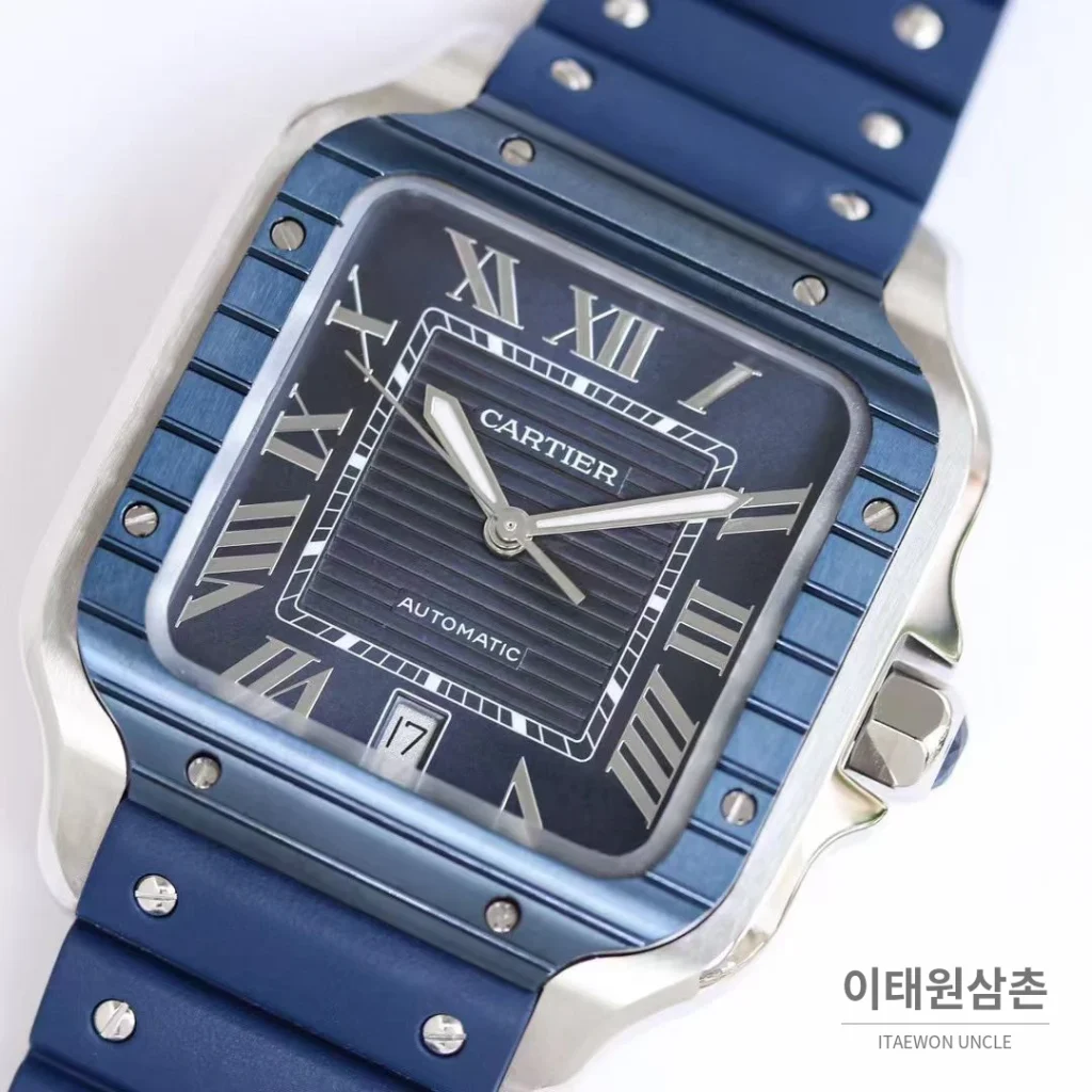 까르띠에 산토스 러버스트랩 오토매틱 워치 39.8mm 실버 실버 베젤