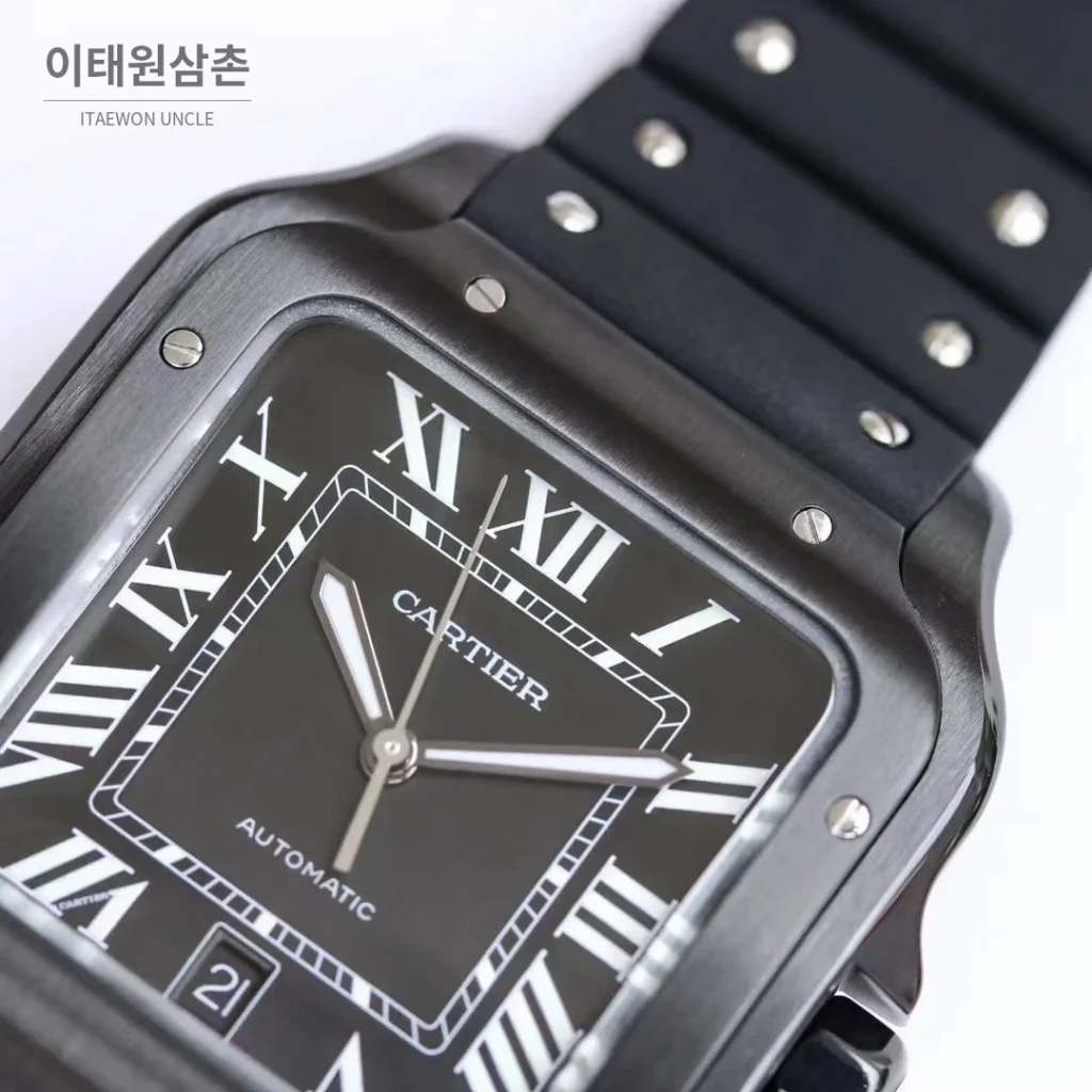 까르띠에 산토스 러버스트랩 오토매틱 워치 39.8mm 실버 블랙 베젤 (2)