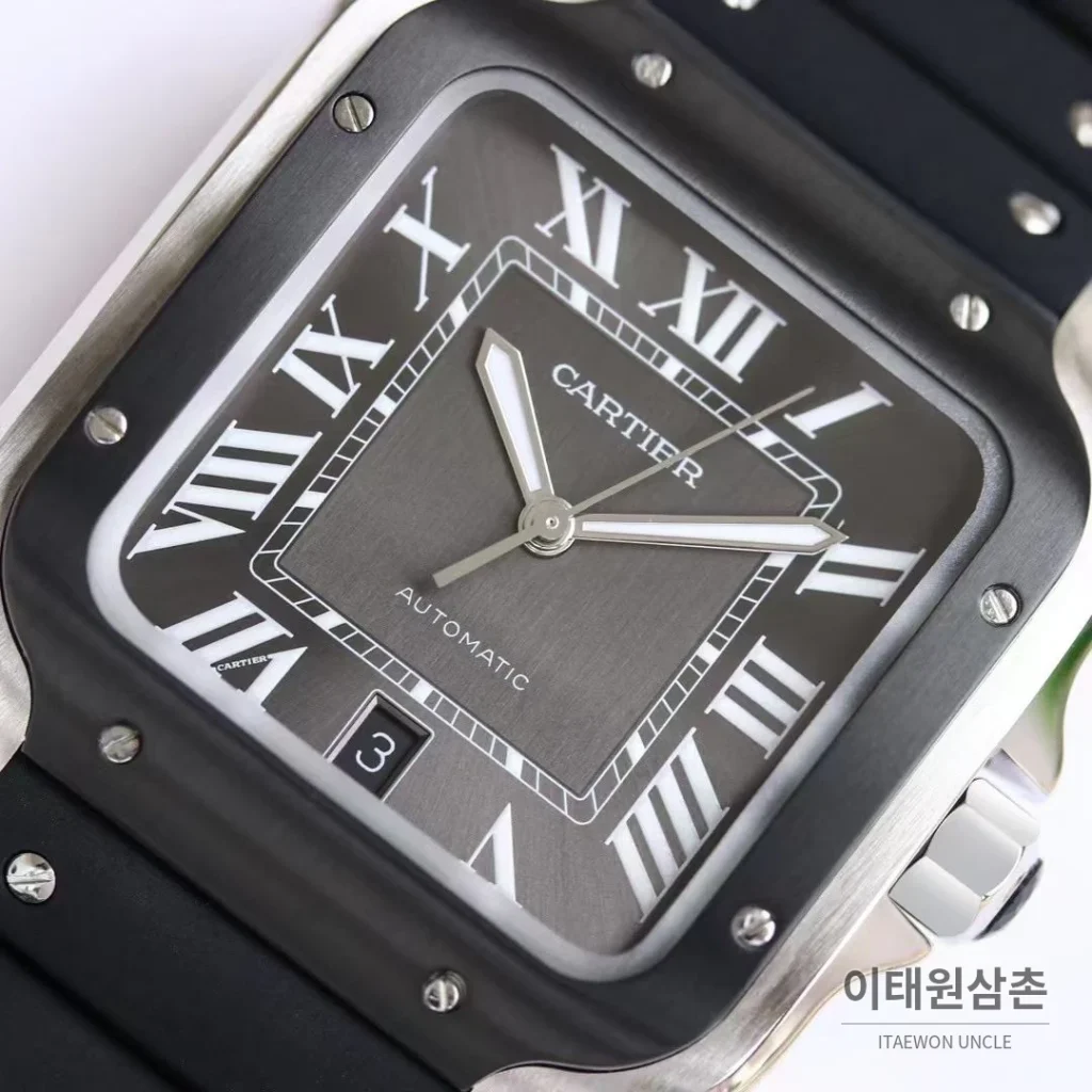 까르띠에 산토스 러버스트랩 오토매틱 워치 39.8mm 실버 블랙 베젤