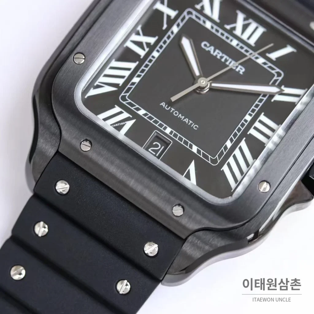 까르띠에 산토스 러버스트랩 오토매틱 워치 39.8mm 실버 블랙 베젤 (2)