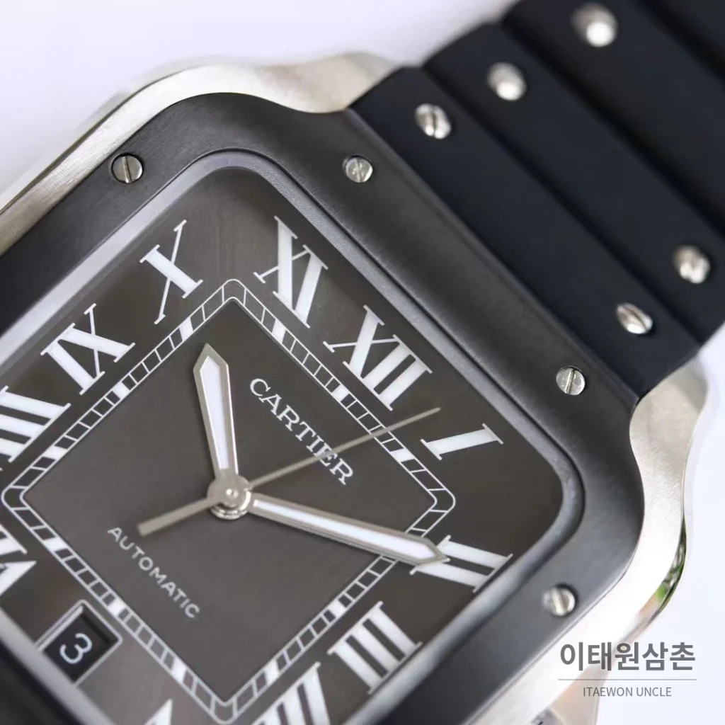 까르띠에 산토스 러버스트랩 오토매틱 워치 39.8mm 실버 블랙 베젤