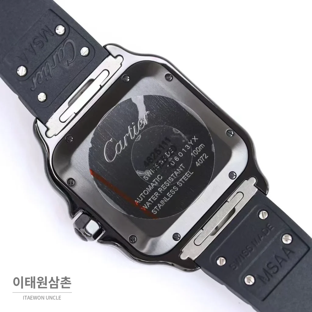 까르띠에 산토스 러버스트랩 오토매틱 워치 39.8mm 실버 블랙 베젤 (2)