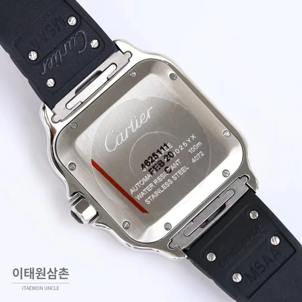 까르띠에 산토스 러버스트랩 오토매틱 워치 39.8mm 실버 블랙 베젤