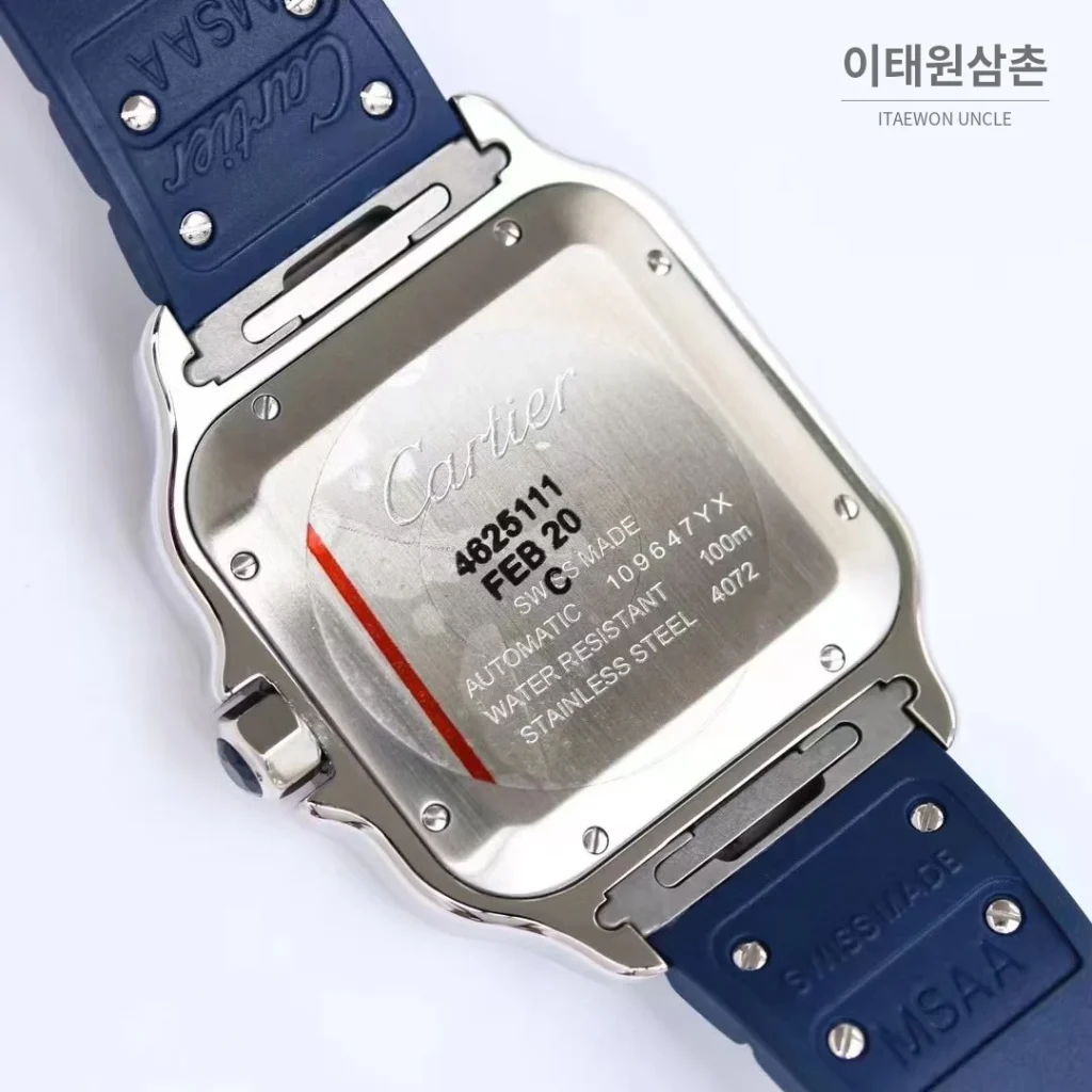 까르띠에 산토스 러버스트랩 오토매틱 워치 39.8mm 실버 네이비 베젤