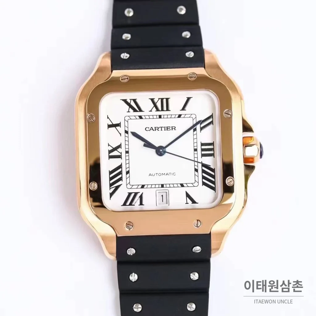 까르띠에 산토스 러버 스트랩 블랙다이얼 오토매틱 39.8mm 블랙 / 화이트 로즈골드 베젤